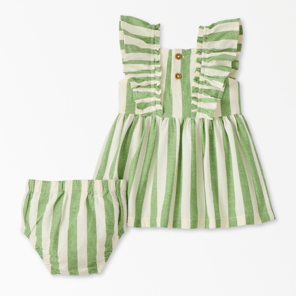 Hanna Andersson Green Stripe Baby Dress + Bloomers 12-18M